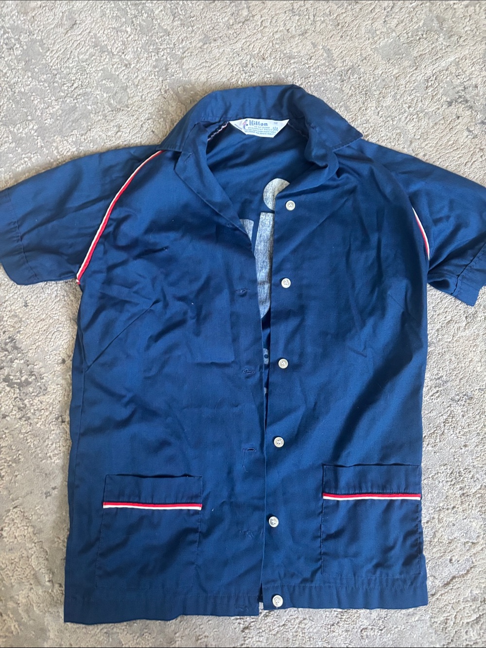 70s Vintage Milton Navy Button-Up Shirt with Red & White Accent bowling